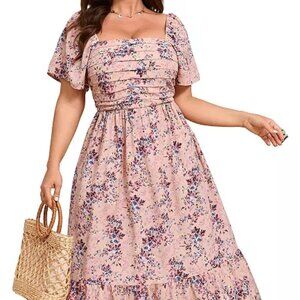 Women Plus Size Maxi Floral Dress Short Sleeve Ruffle Pleated High Waist